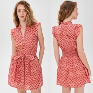 Marea Dress Liz Red Geometric Print Ruffle Neck Cap Sleeve Tie Waist Dress XS